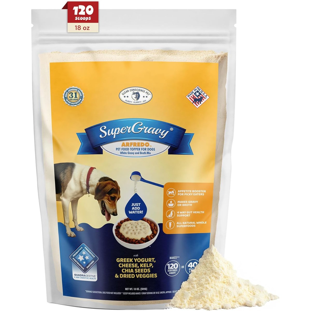 CLEAR CONSCIENCE PET SuperGravy Arfredo Yogurt Cheese Digestive Health Gluten Free Powder Supplement Dog Food Topper, 18-oz bag