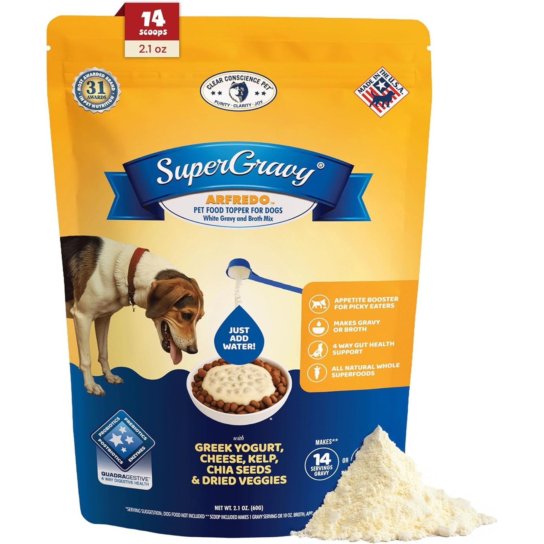 CLEAR CONSCIENCE PET SuperGravy Arfredo Yogurt Cheese Digestive Health Gluten Free Powder Supplement Dog Food Topper, 2.1-oz bag