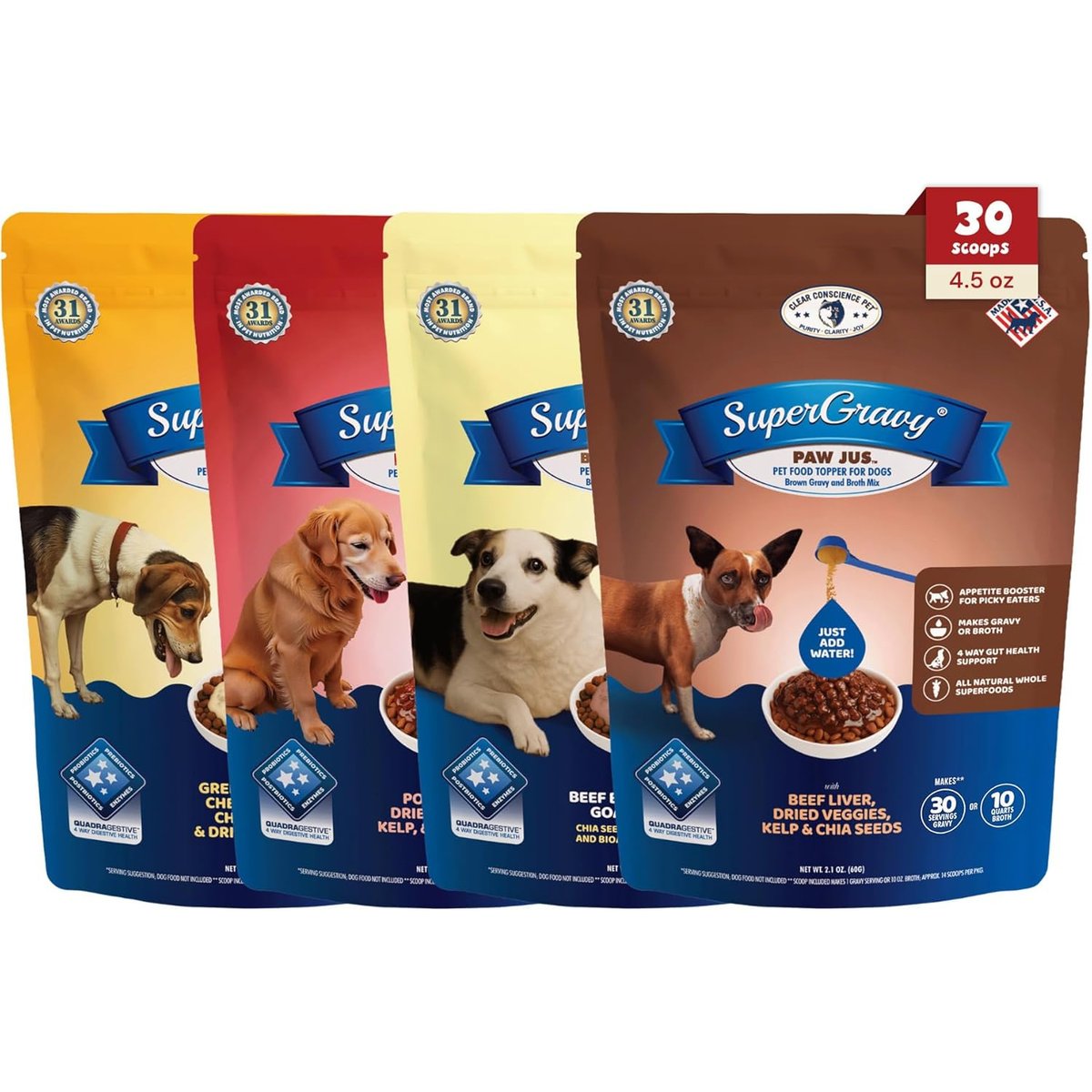 CLEAR CONSCIENCE PET SuperGravy The Ultimate Gravy Beef Digestive Health Gluten Free Powder Supplement Dog Food Topper, 4 count, 4.5-oz bag
