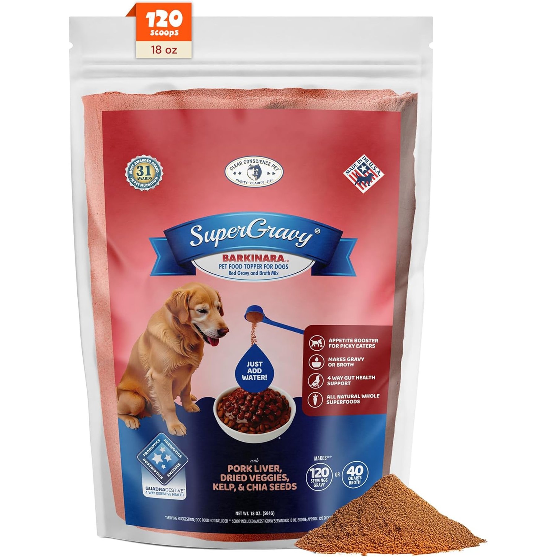 CLEAR CONSCIENCE PET SuperGravy Barkinara Pork Digestive Health Gluten Free Powder Supplement Dog Food Topper, 18-oz bag