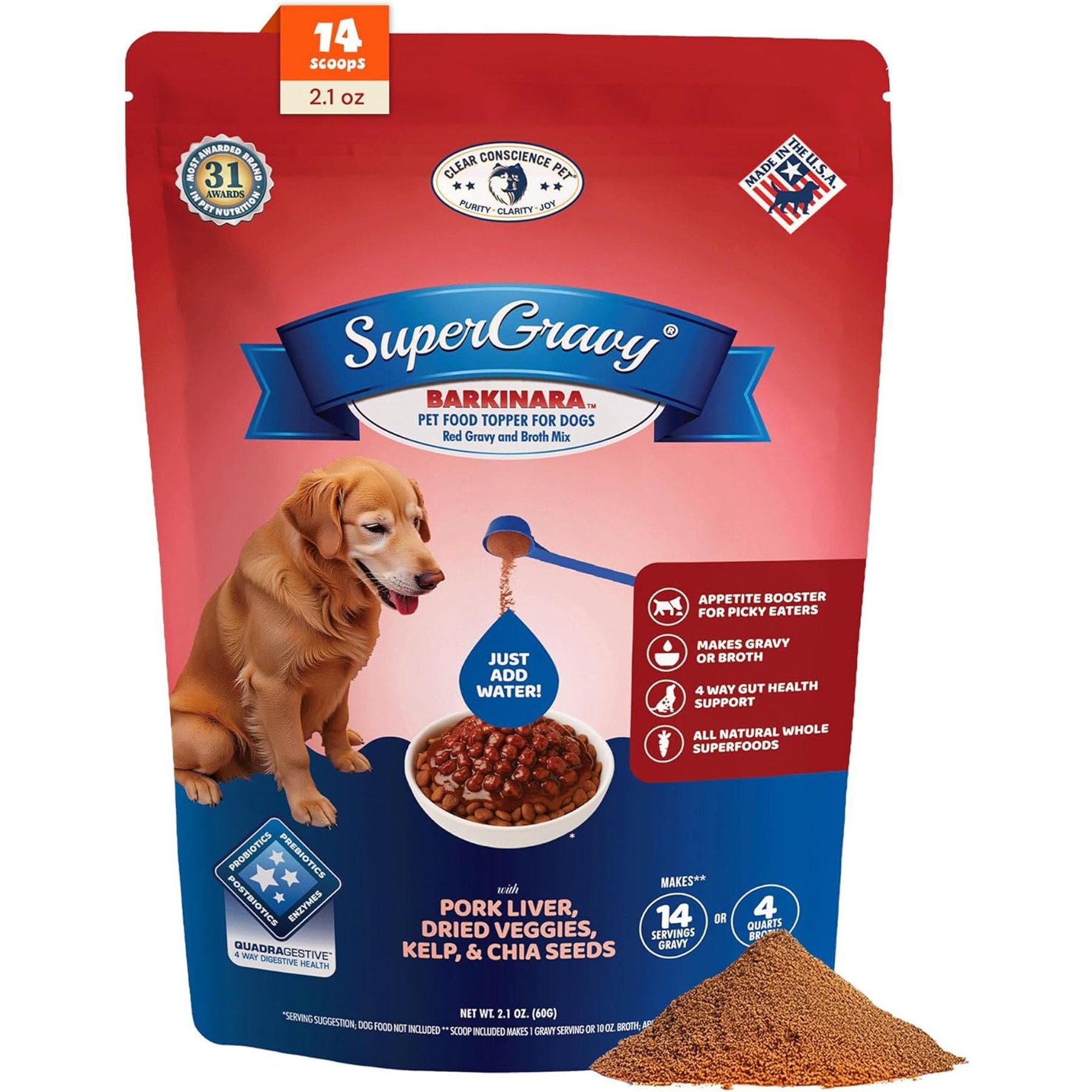 CLEAR CONSCIENCE PET SuperGravy Barkinara Pork Digestive Health Gluten Free Powder Supplement Dog Food Topper, 2.1-oz bag