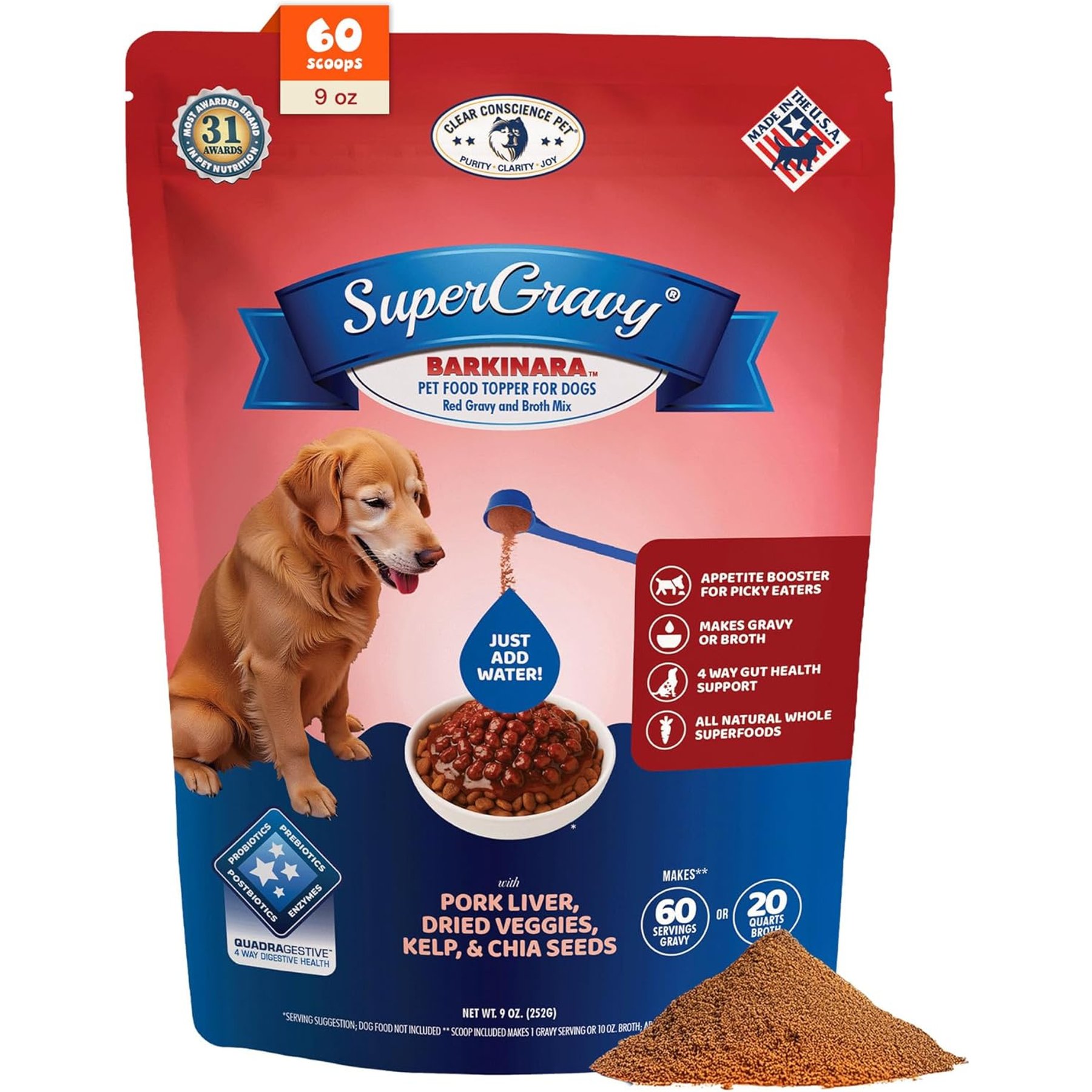 CLEAR CONSCIENCE PET SuperGravy Barkinara Pork Digestive Health Gluten Free Powder Supplement Dog Food Topper, 9-oz bag