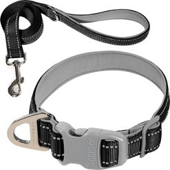 BARKBAY Adventure Nylon with Soft Neoprene Lining & Reflective Trim Dog Collar & Leash Set, Black, Large: 18 to 25-in neck, 1-in wide