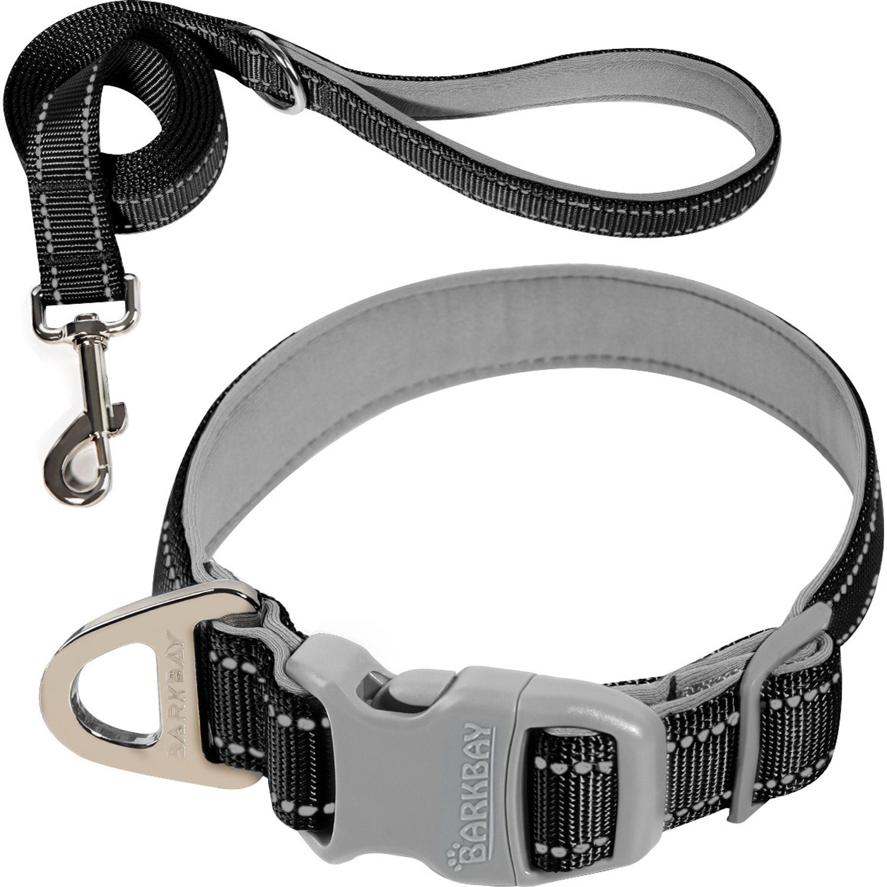 BARKBAY Adventure Nylon with Soft Neoprene Lining & Reflective Trim Dog Collar & Leash Set, Black, Small: 10 to 13.5-in neck, 3/5-in wide