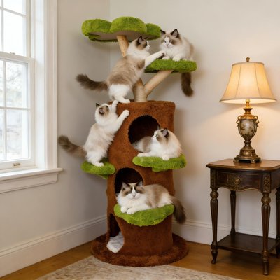 Wisfor Wisfor Modern Multi Condo Scratching Post Boho Cat Tree Tower, Green, 24.02 x 58.27-in