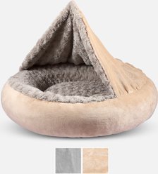 Invenho Indoor Round Cozy Calming Cave Covered Dog & Cat Bed with Hooded Blanket & Removable Cover, Beige, Small: 23 x 23 x 6-in slide 2 of 9