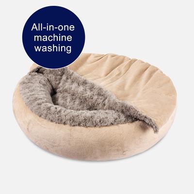 Show full view: Invenho Indoor Round Cozy Calming Cave Covered Dog & Cat Bed with Hooded Blanket & Removable Cover, Beige, Small: 23 x 23 x 6-in slide 4 of 9