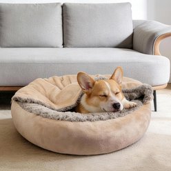 Invenho Indoor Round Cozy Calming Cave Covered Dog & Cat Bed with Hooded Blanket, Beige, Medium: 26 x 26 x 6-in