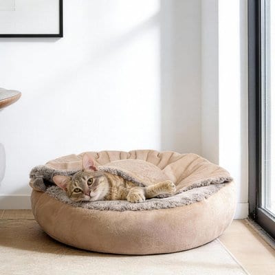 Invenho Invenho Indoor Round Cozy Calming Cave Covered Dog & Cat Bed with Hooded Blanket, Beige, Small: 23 x 23 x 6-in