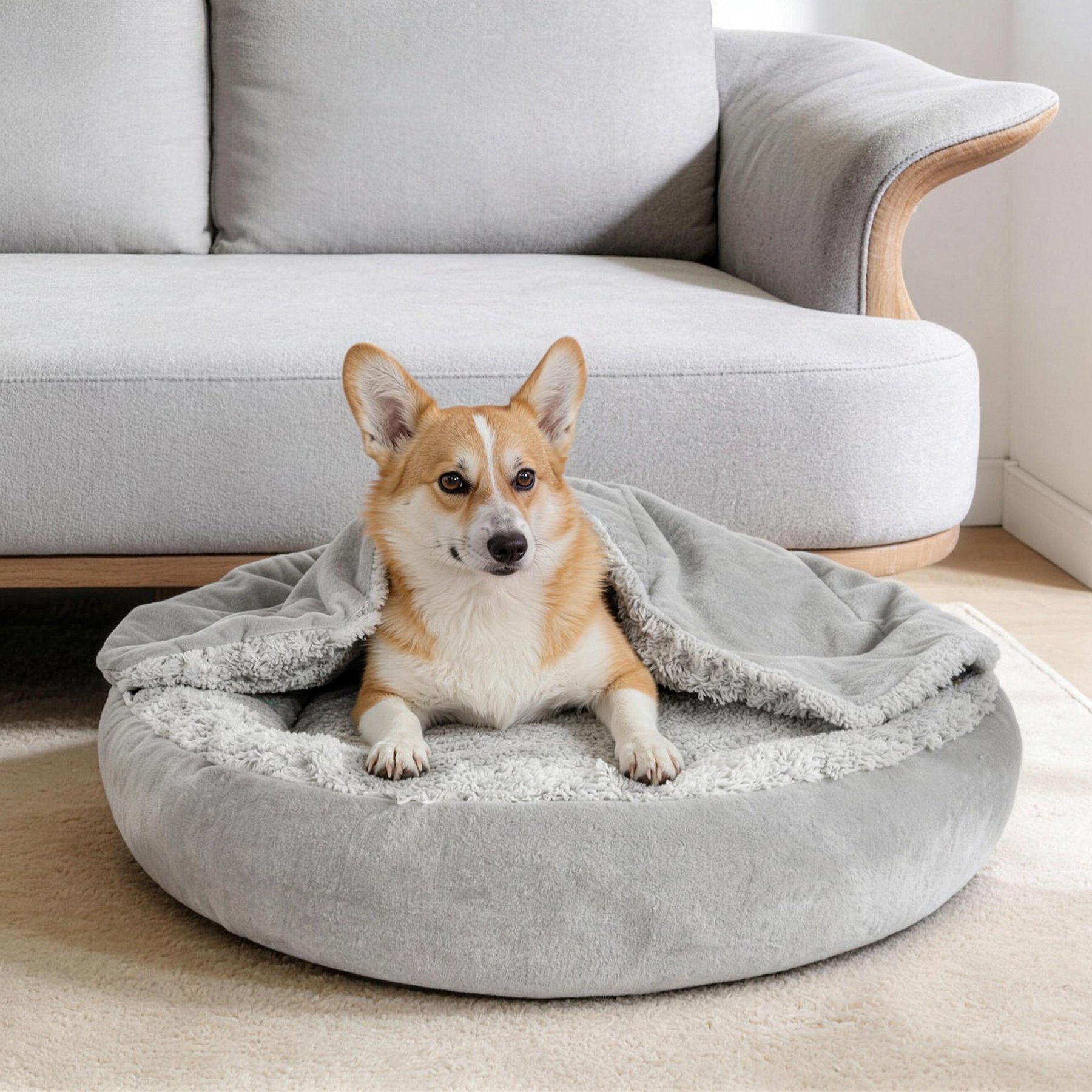 Invenho Indoor Round Cozy Calming Cave Covered Dog & Cat Bed with Hooded Blanket, Grey, Medium: 26 x 26 x 6-in