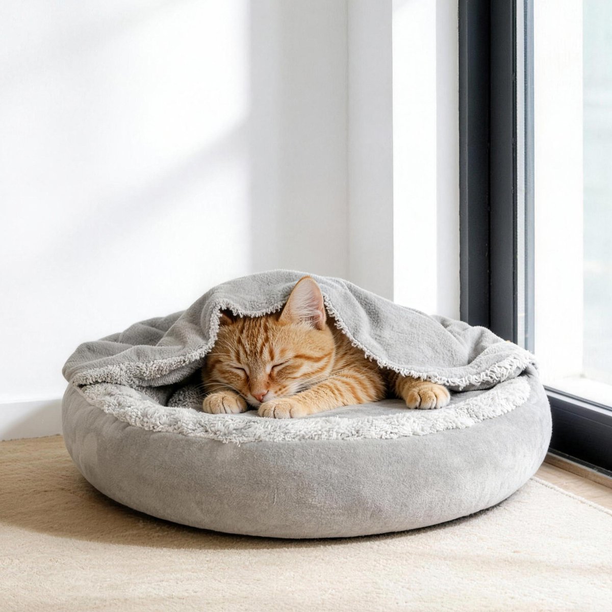 Invenho Indoor Round Cozy Calming Cave Covered Dog & Cat Bed with Hooded Blanket, Grey, Small: 23 x 23 x 6-in