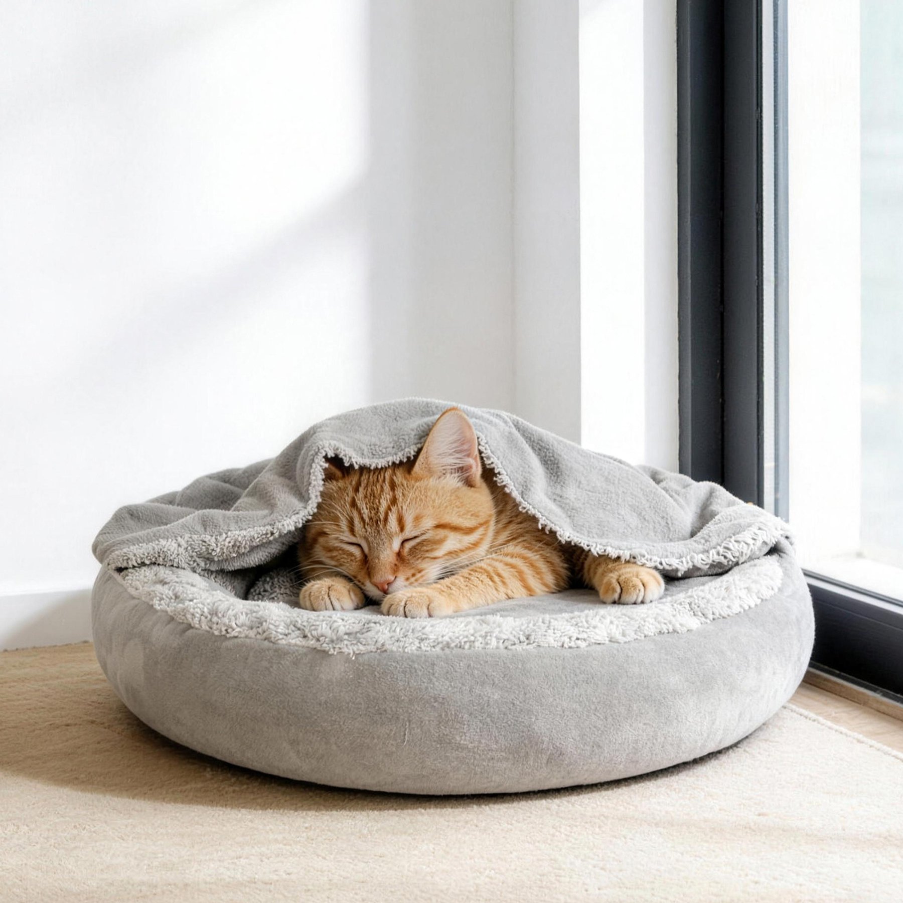 Invenho Indoor Round Cozy Calming Cave Covered Dog & Cat Bed with Hooded Blanket, Grey, Small: 23 x 23 x 6-in