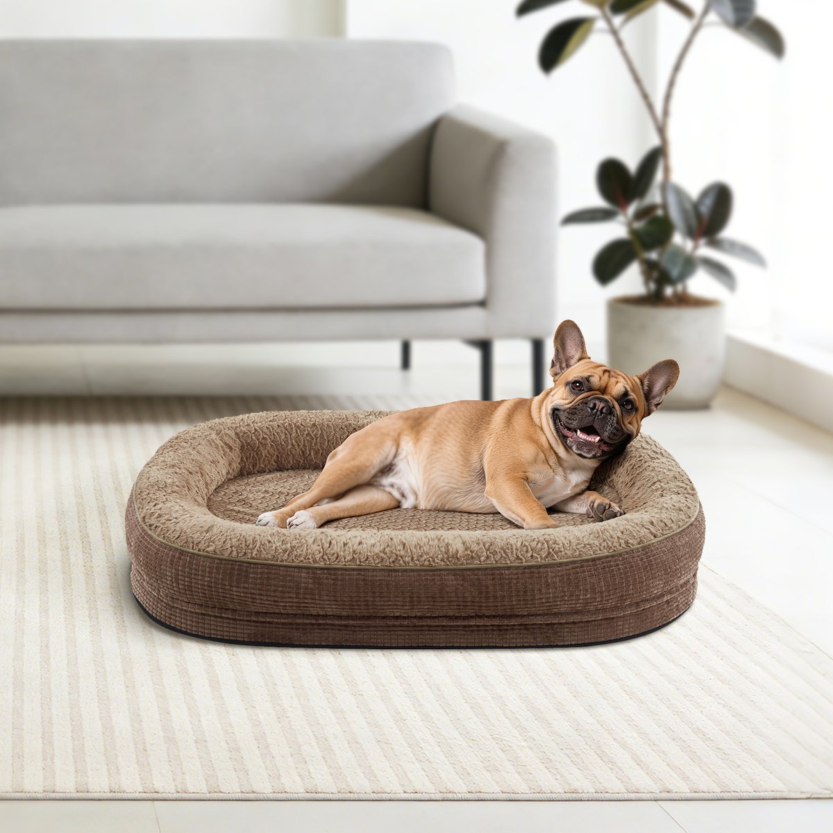 Invenho Oval Memory Foam Orthopedic Bolster Dog Bed with Removable Washable Cover, Brown, Medium: 28 x 23 x 6-in