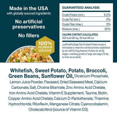 Show full view: JustFoodForDogs Fish & Sweet Potato Recipe Frozen Human-Grade Fresh Dog Food, 18-oz pouch, case of 7 slide 9 of 12