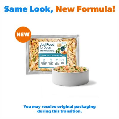 Show full view: JustFoodForDogs Fish & Sweet Potato Recipe Frozen Human-Grade Fresh Dog Food, 18-oz pouch, case of 7 slide 3 of 12