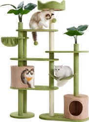FEANDREA Tall Indoor Multi-Level Plush Condo, Artificial Leaves, 3 Scratching Posts & 2 Pompoms with Bells Cat Tree Tower, Grass Green/Camel Brown, 44.4 x 13.8 x 68.1-in