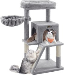 FEANDREA Indoor Small Widened Perch, Multi-Level Condo, Scratching Posts, Ramp, 2 Door Cave & Basket Cat Tree Tower, 18.9 x 18.9 x 37.8-in, Light Gray