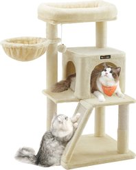 FEANDREA Indoor Small Widened Perch, Multi-Level Condo, Scratching Posts, Ramp, 2 Door Cave & Basket Cat Tree Tower, 18.9 x 18.9 x 37.8-in, Biege