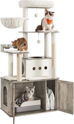 FEANDREA Roomy Condo Food Station, Storage & Scratching Posts Cat Tree Tower with Enclosed Litter Box, Rustic Brown, 31.5 x 19.3 x 66.9-in, Heather Greige
