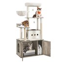 FEANDREA Roomy Condo Food Station, Storage & Scratching Posts Cat Tree Tower with Enclosed Litter Box, Heather Greige, 31.5 x 19.3 x 66.9-in