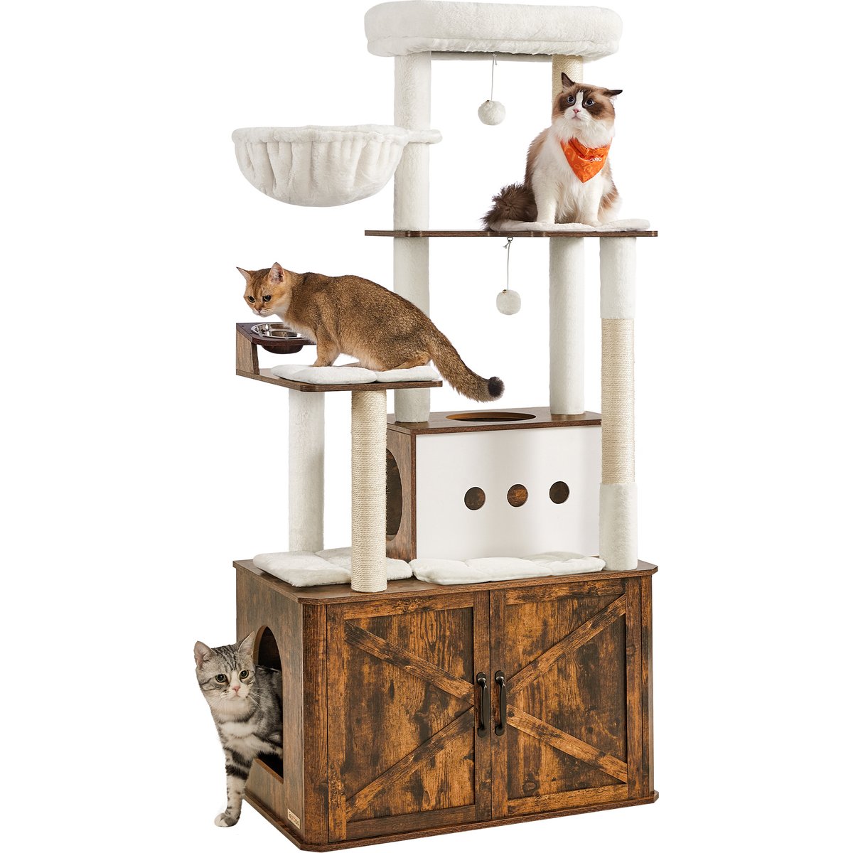FEANDREA Roomy Condo Food Station, Storage & Scratching Posts Cat Tree Tower with Enclosed Litter Box, Rustic Brown, 31.5 x 19.3 x 66.9-in