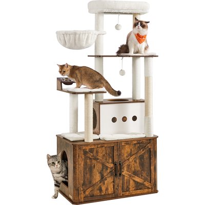 FEANDREA FEANDREA Roomy Condo Food Station, Storage & Scratching Posts Cat Tree Tower with Enclosed Litter Box, Rustic Brown, 31.5 x 19.3 x 66.9-in