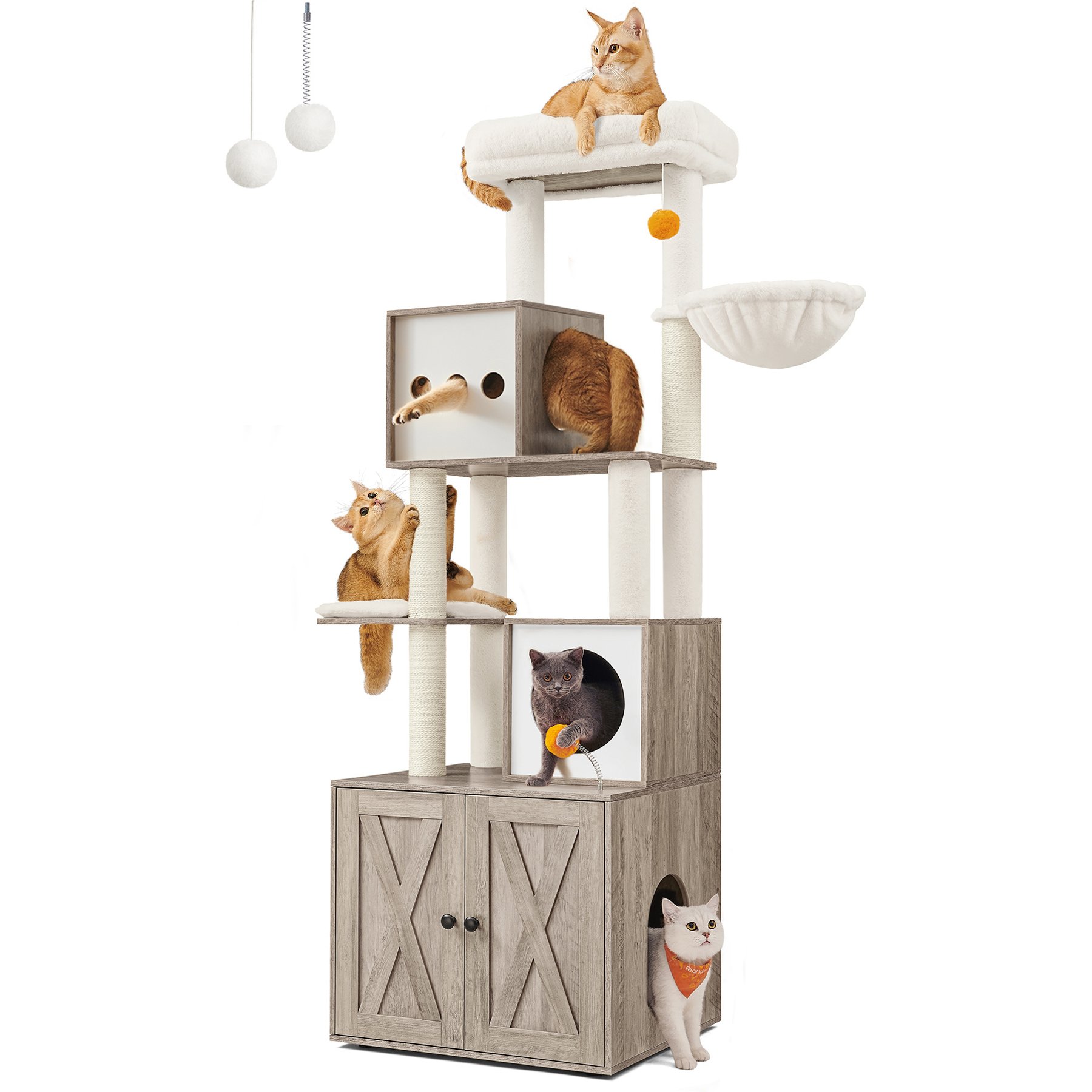 FEANDREA Modern 72.8-in 2-in-1 Plush Cat Tree & Condo with Litter Box Enclosure, Heather Greige