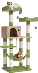 FEANDREA Indoor Multi-Layer Condo with 11 Scratching Posts, 2 Perches, Cave & Hammock Cat Tower Tree, 21.7 x 17.7 x 56.3-in, Grass Green/Camel Brown