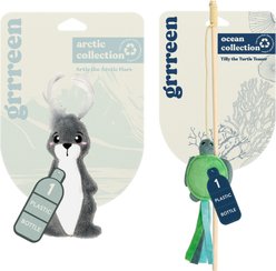 Grrreen Arctic Hare Catnip Plush Cat Toy, Grey, Small + Turtle Teaser Cat Toy with Catnip, Green, Small