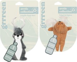 Grrreen Arctic Hare Catnip Plush Cat Toy, Grey, Small + Walrus Plush Cat Toy with Catnip, Brown, Small
