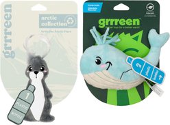 Grrreen Arctic Hare Catnip Plush Cat Toy, Grey, Small + Whale Kicker Plush Cat Toy with Catnip, Blue, Small