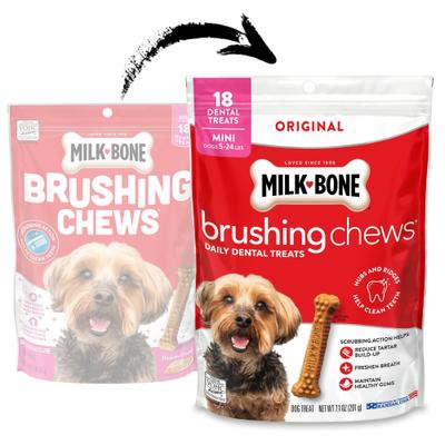 Show full view: Milk-Bone Brushing Chews Mini Original Chicken Flavor Daily Dental Dog Treats, 90 count (5 x 18 count bags) slide 3 of 12