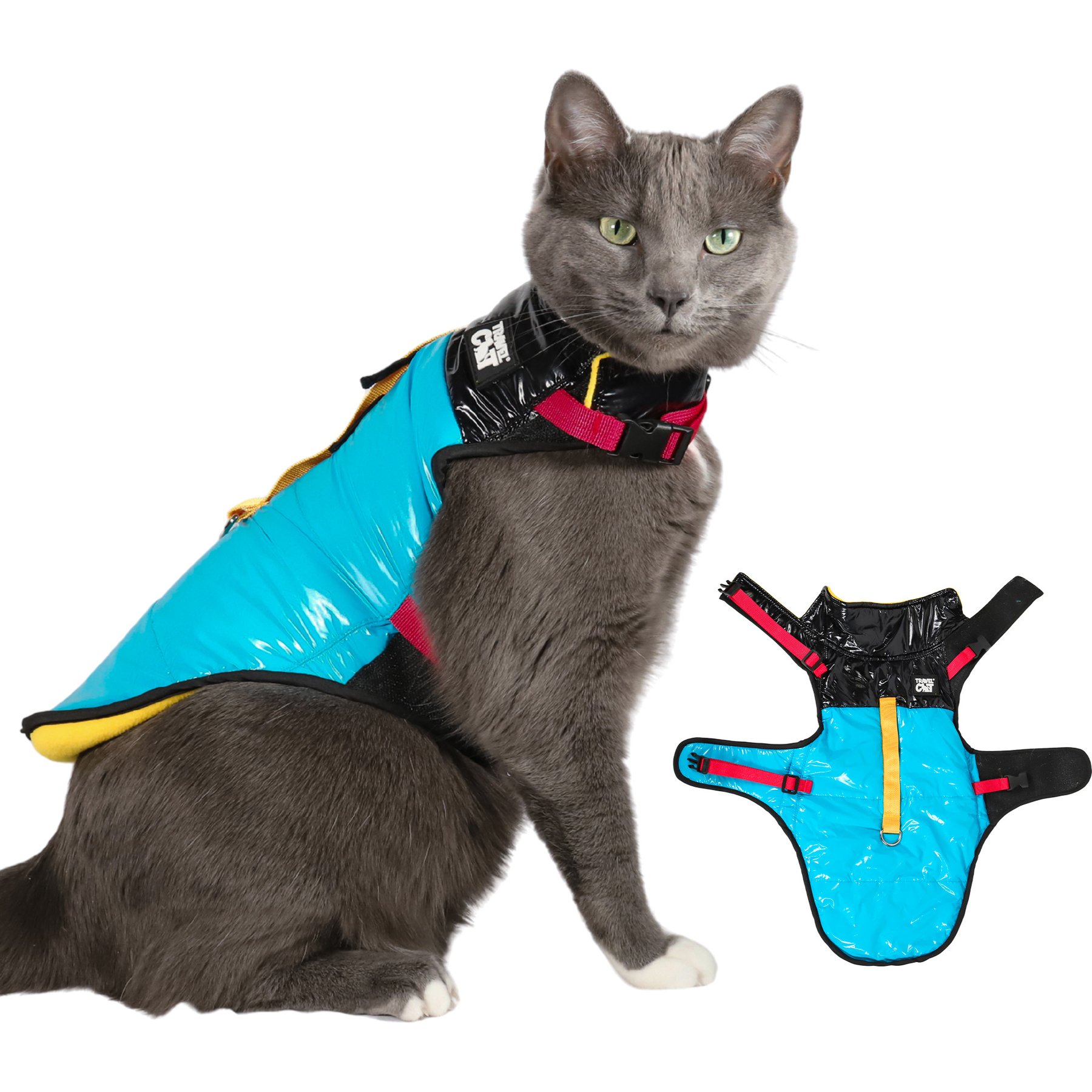 Travel Cat The Catagonia Cat Puffer Jacket Harness, Medium: 9 to 14-in neck, 14 to 17.5-in chest