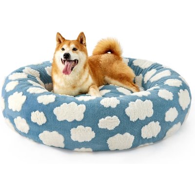 Lesure Lesure Calming Cute Modern Plush Jacquard Shaggy Orthopedic Anti-Slip Donut Dog & Cat Bed with Removable Cover, Large, Blue