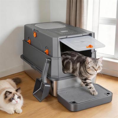 AIPERRO Stainless Steel Enclosed with Door & Top Entry Odor Control,  Leak-Proof Cat Litter Box, Large 23-in, Dark Grey - Chewy.com