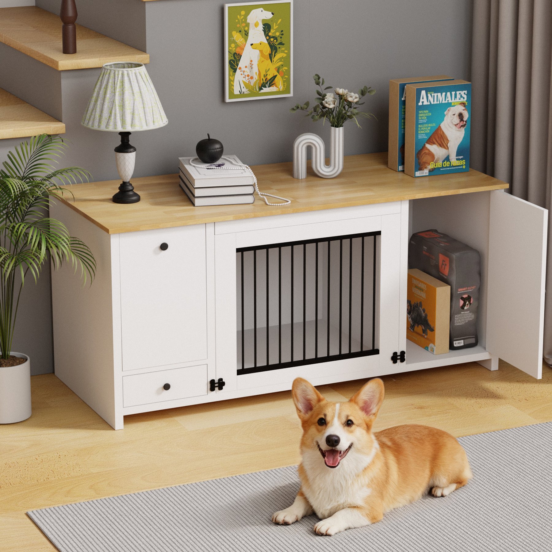 Xbrigh Wooden Side Table Style Indoor Kennel Dog Crate with Drawers, White, Large: 55-in