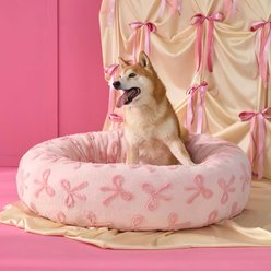 Lesure Calming Cute Modern Plush Jacquard Shaggy Orthopedic Anti-Slip Donut Dog & Cat Bed with Removable Cover, Pink Bows, Large slide 2 of 7
