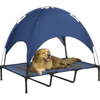 PawHut PawHut Elevated Portable Dog Cot Pet Bed with UV Protection Canopy Shade, Dark Blue, 48 x 36.25 x 42.5-in