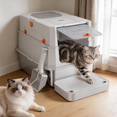 AIPERRO AIPERRO Stainless Steel Enclosed with Door & Top Entry Odor Control, Leak-Proof Cat Litter Box, Large 23-in, Silver Grey