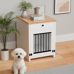 Xbrigh Wooden Side Table Style Indoor Kennel Small Dog Cage with Drawers, White, Small: 20-in