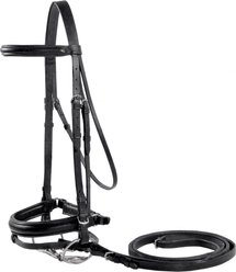 Paris Tack Dressage German Crank Horse Bridle with Rubber Reins, Black, Full Horse