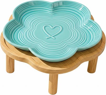 PAWSPIK Flower Ceramic Feeding Cat Plate with Raised Bamboo Stand