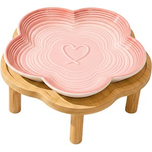 PawsPik Flower Ceramic Feeding Cat Plate with Raised Bamboo Stand, Pink