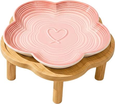 PAWSPIK Flower Ceramic Feeding Cat Plate with Raised Bamboo Stand