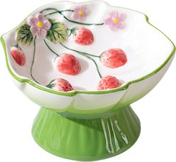 PawsPik Strawberry Blooms Elevated Ceramic Cat Bowl, Green