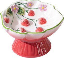 PawsPik Strawberry Blooms Elevated Ceramic Cat Bowl, Red
