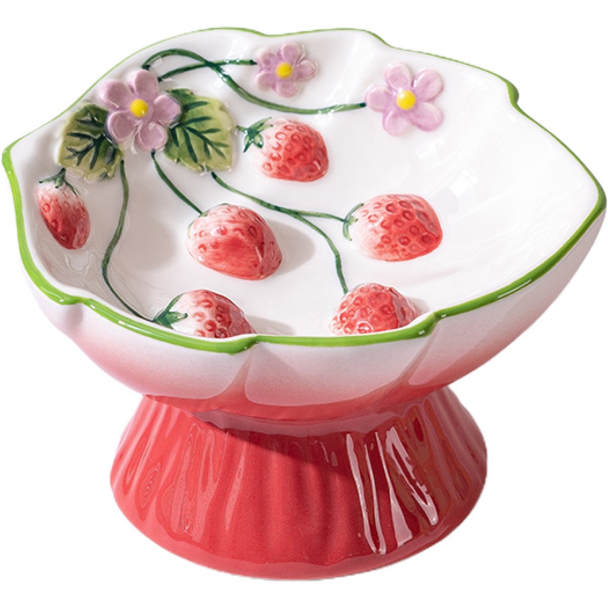 PawsPik Strawberry Blooms Elevated Ceramic Cat Bowl, Red
