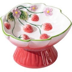 PawsPik Strawberry Blooms Elevated Ceramic Cat Bowl, Red
