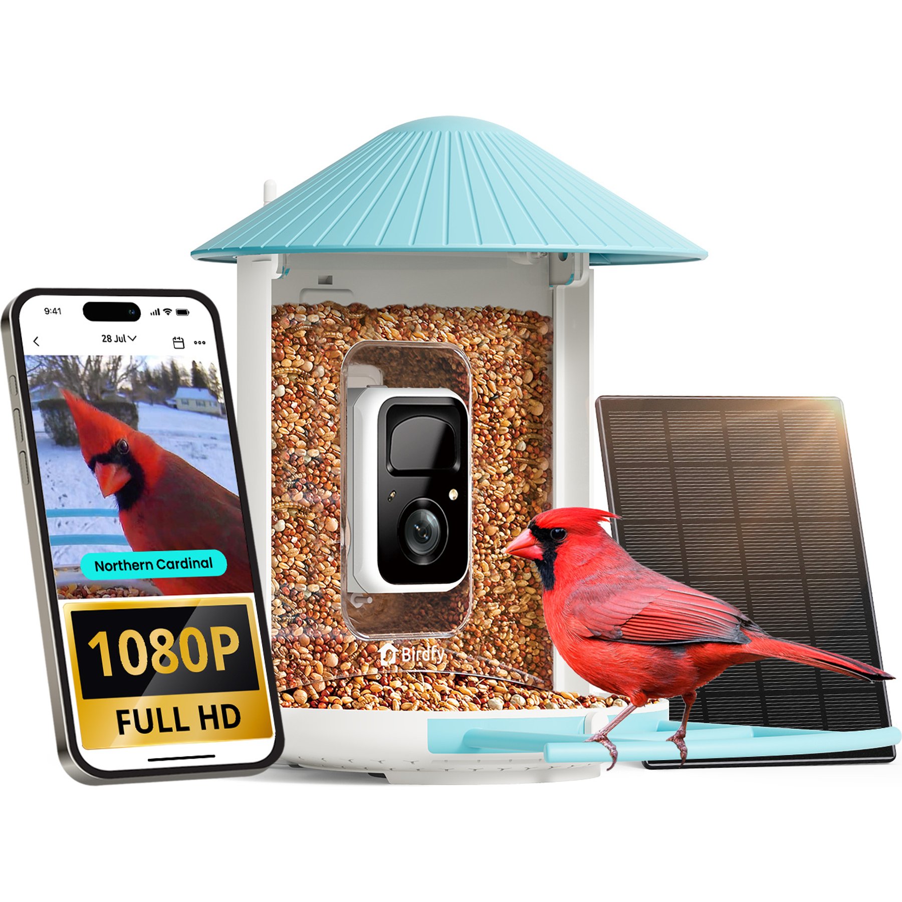 Birdfy Smart Bird Feeder Camera Solar Powered & AI Recognition, Blue, 1.5L