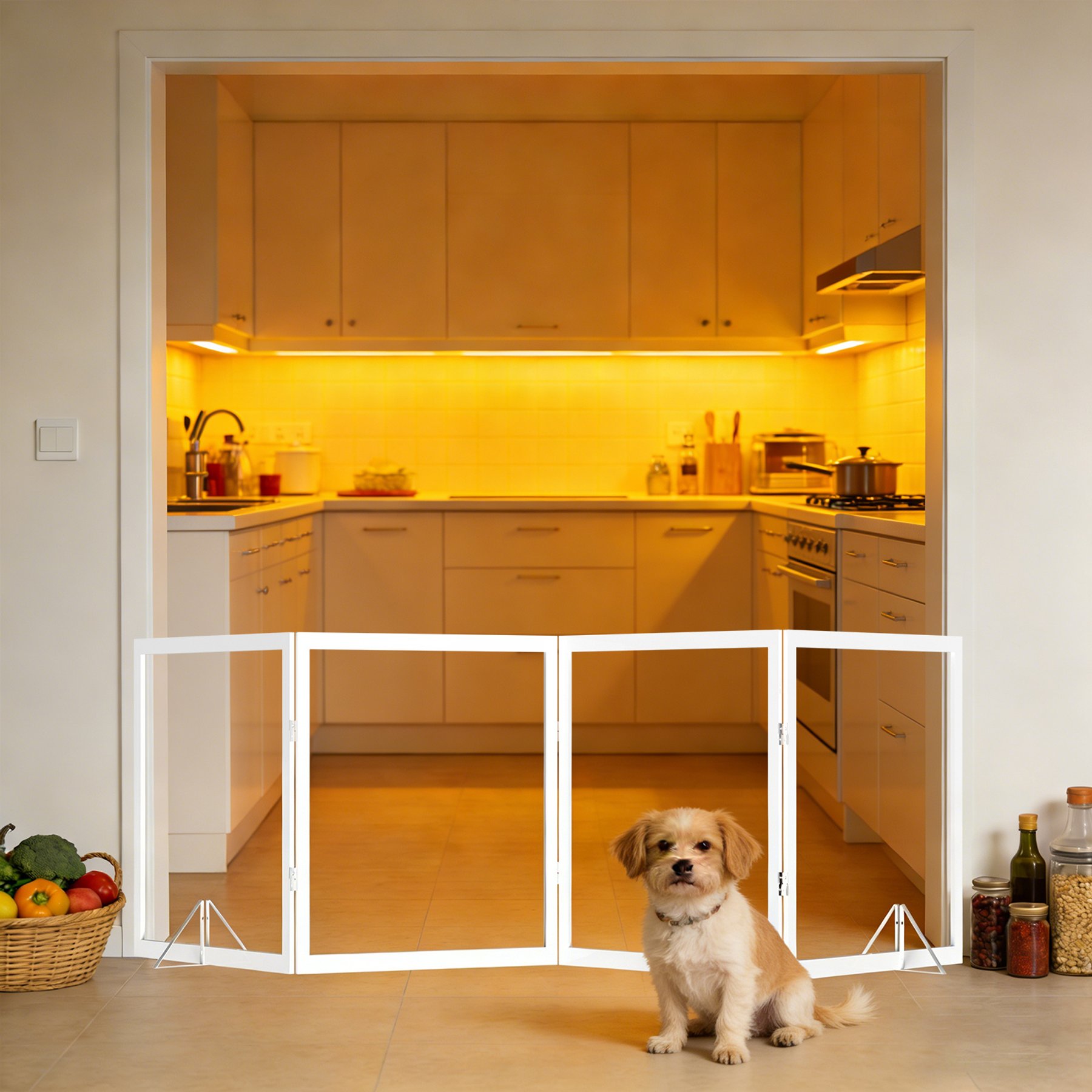 WAOWAO Wooden Extra Wide Freestanding Dog Gate with Clear Acrylic Stairs/Hallway, White, 24 x 68-in, 4-Panel